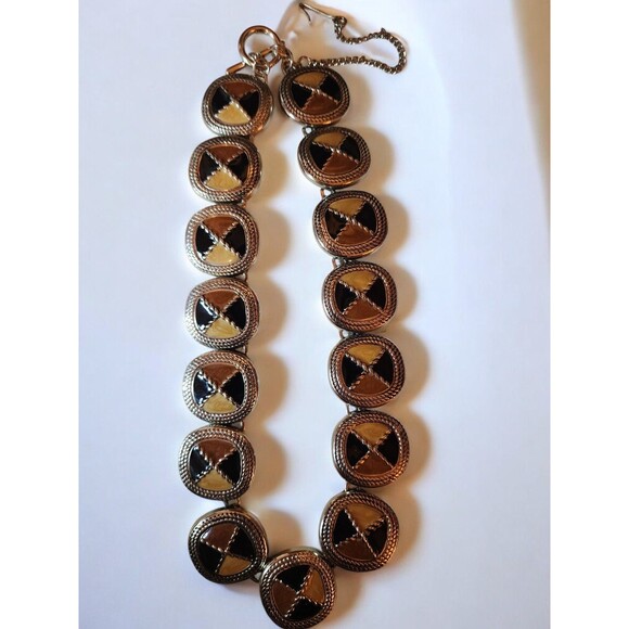 VTG Geometric Statement Necklace–Silver Tone, Black & Brown Enamel, Toggle Clasp - Picture 3 of 6